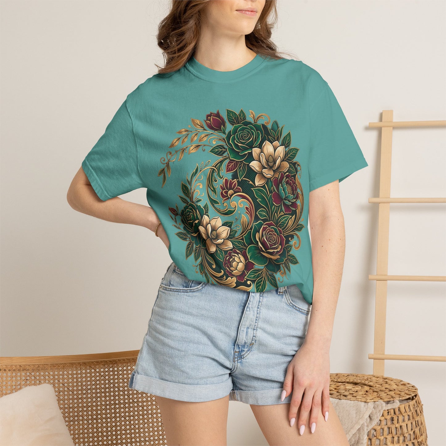 Floral Yin Yang T-Shirt — Vintage Green & Gold Rose Graphic Tee