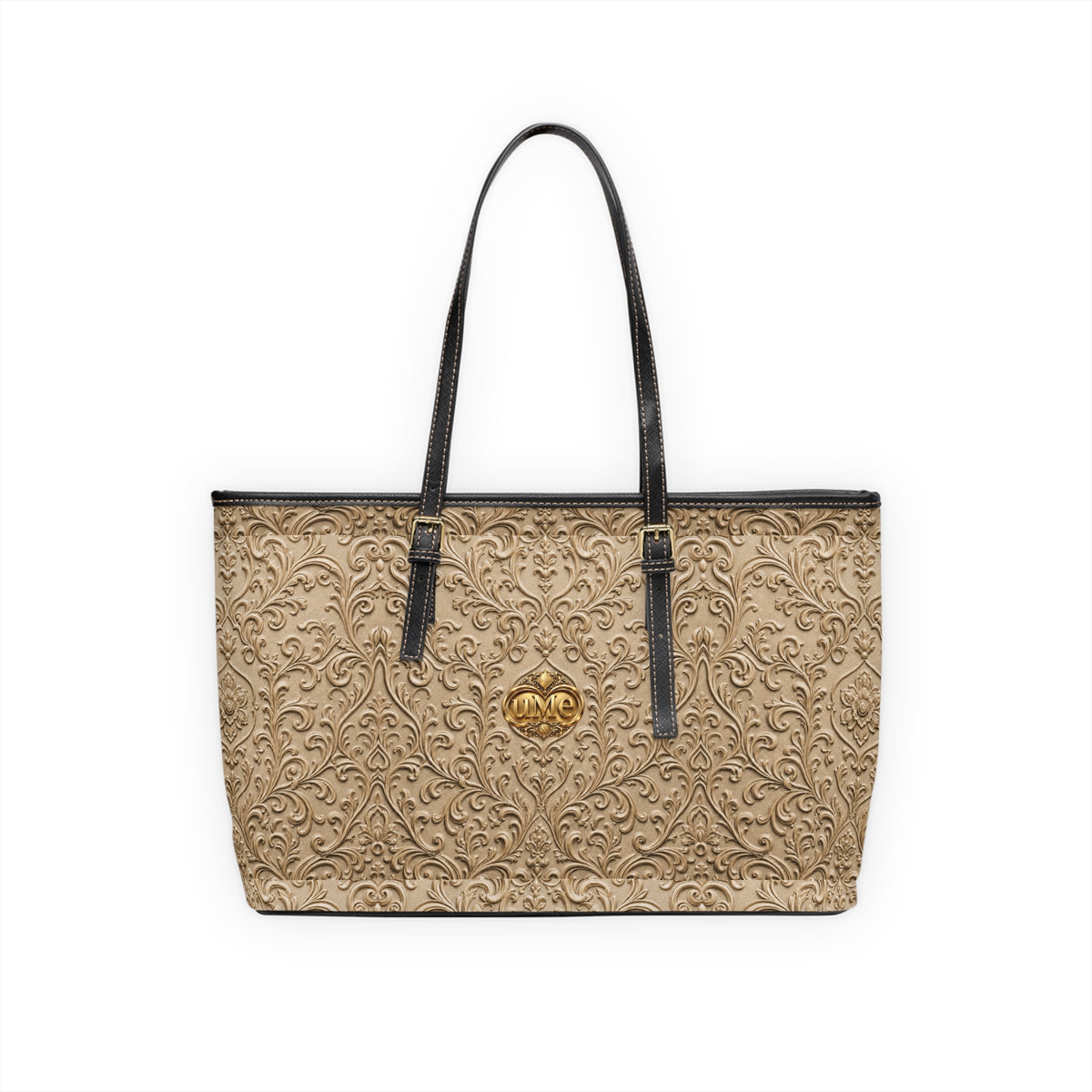 Beige UME Gold Crest Shoulder Tote — PU Faux Leather Scroll Print