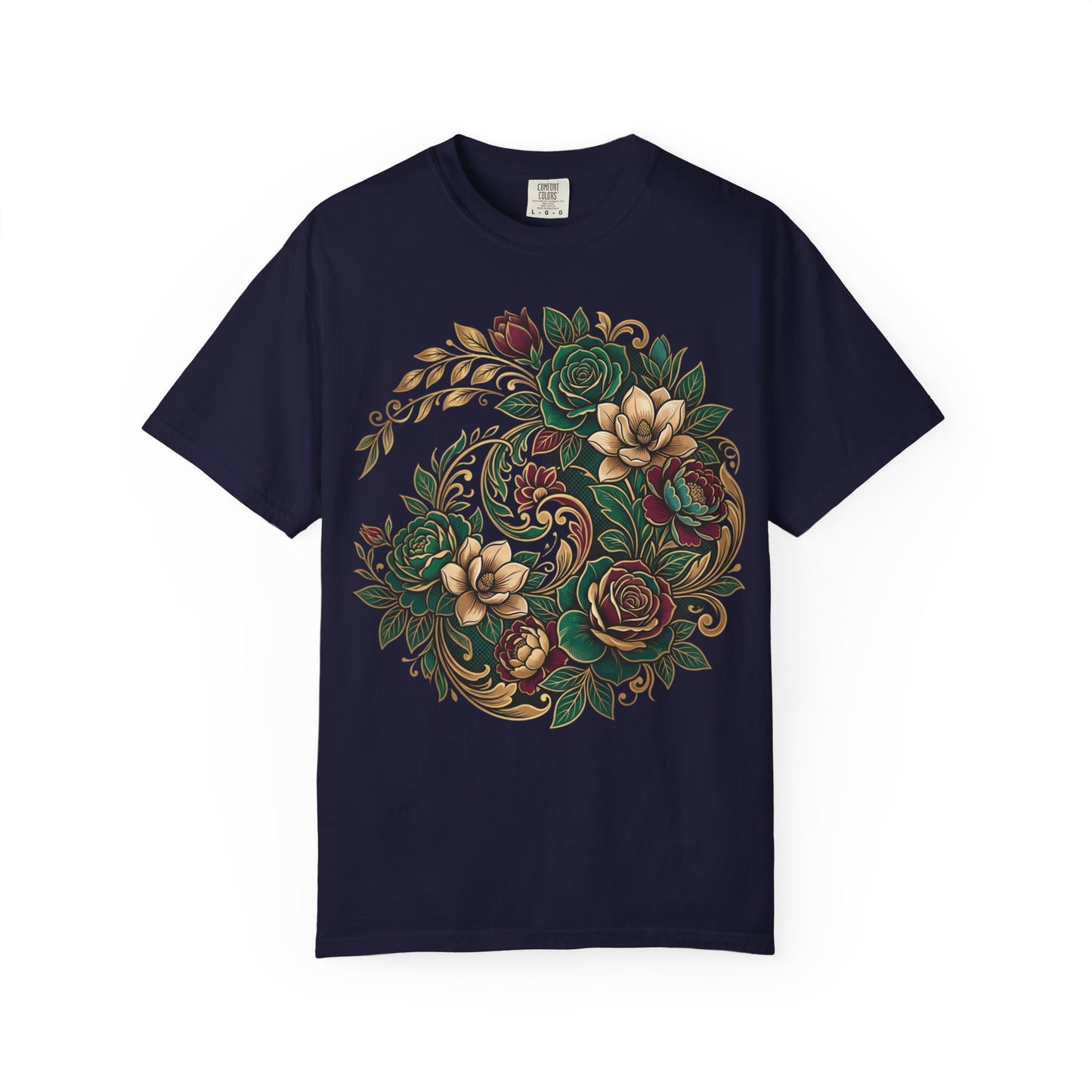 Floral Yin Yang T-Shirt — Vintage Green & Gold Rose Graphic Tee