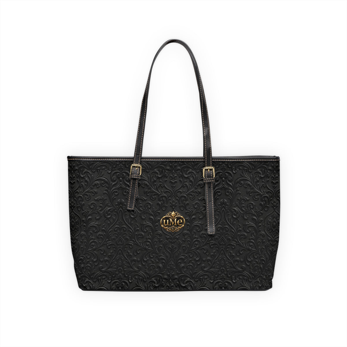 Black UME Gold Crest Shoulder Tote — PU Faux Leather Scroll Print