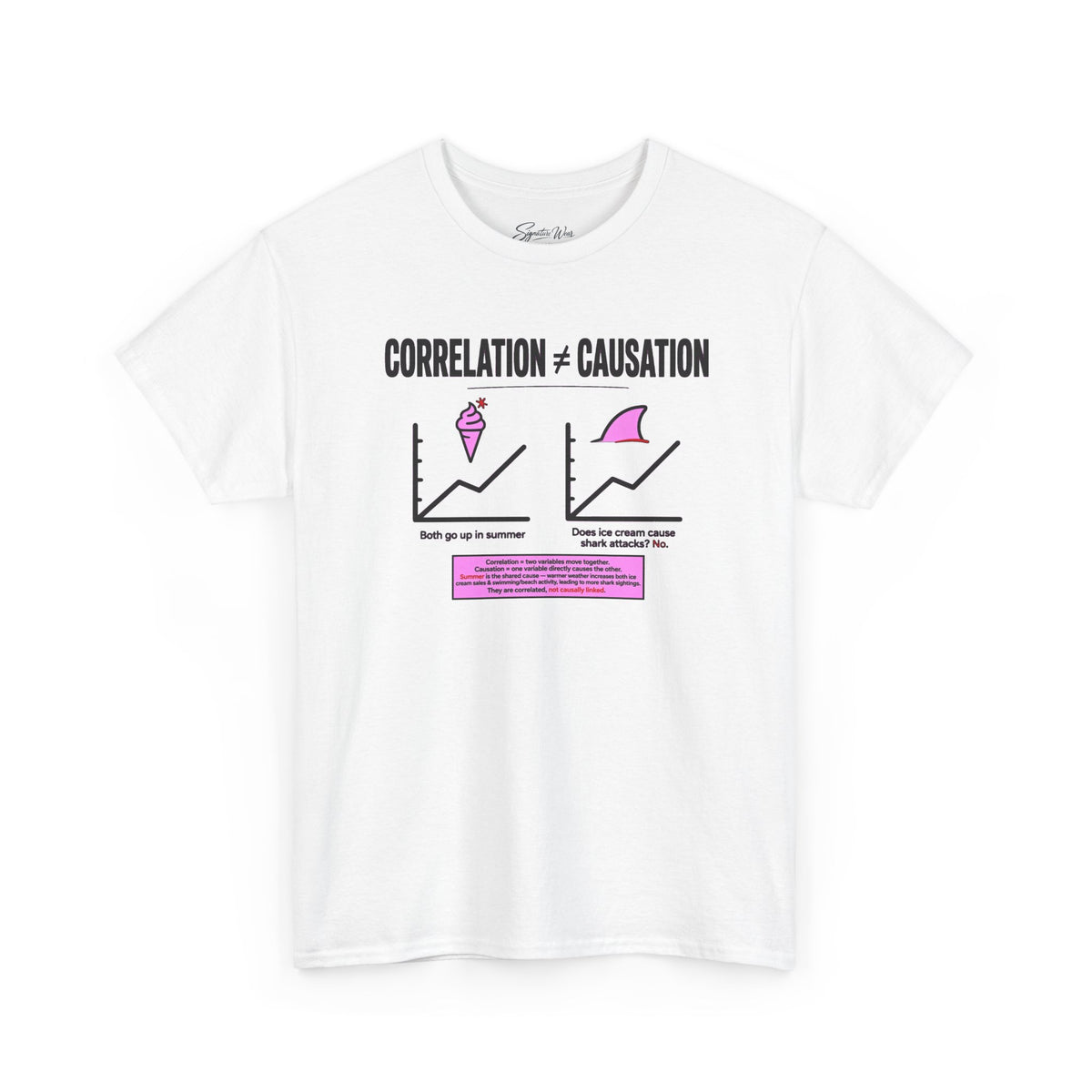 Correlation ≠ Causation Graphic Tee — White, Blue, Pink, Yellow & Neutral Bases