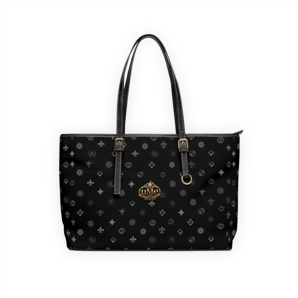 Black PU Leather Shoulder Bag with Monogram Crest Pattern