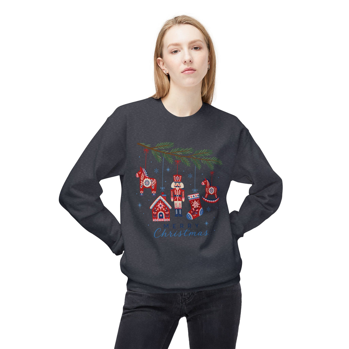 Merry Christmas Scandinavian Folk Art Crewneck Sweatshirt — White, Red & More