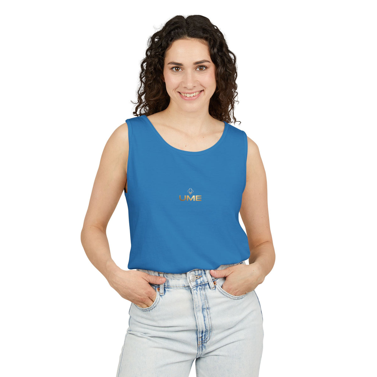 UME Gold Vertical Logo Tank Top – Garment-Dyed Unisex Muscle Tee