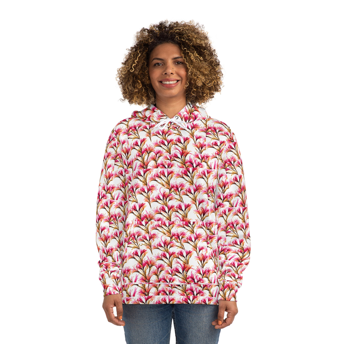 Floral All-Over Print Hoodie — White Base Pink Watercolor Lily Pattern
