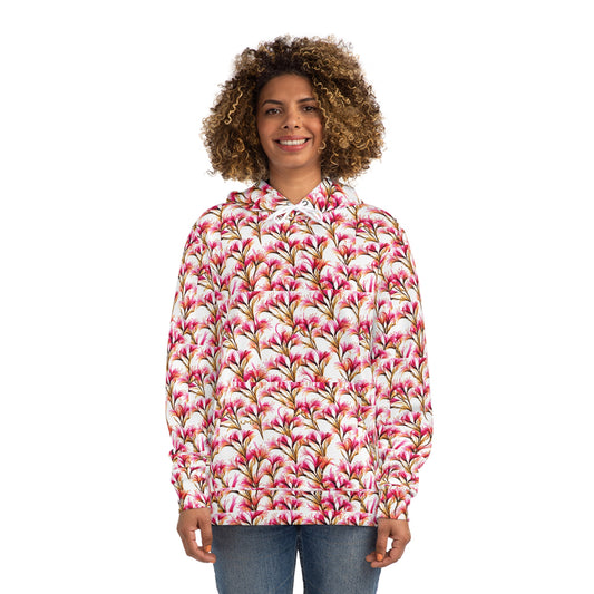 Floral All-Over Print Hoodie — White Base Pink Watercolor Lily Pattern