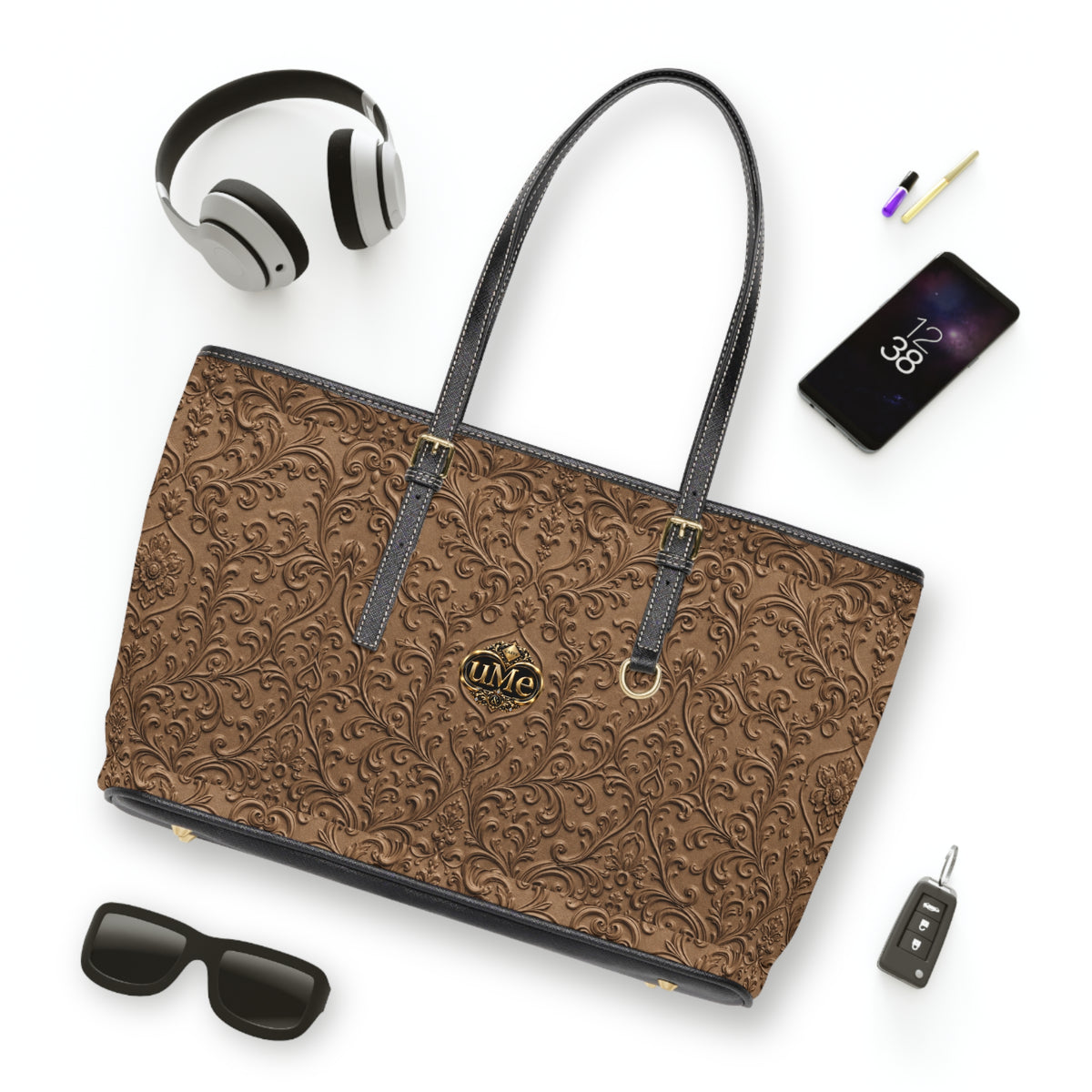 Brown UME Gold Crest Shoulder Tote — PU Faux Leather Scroll Print