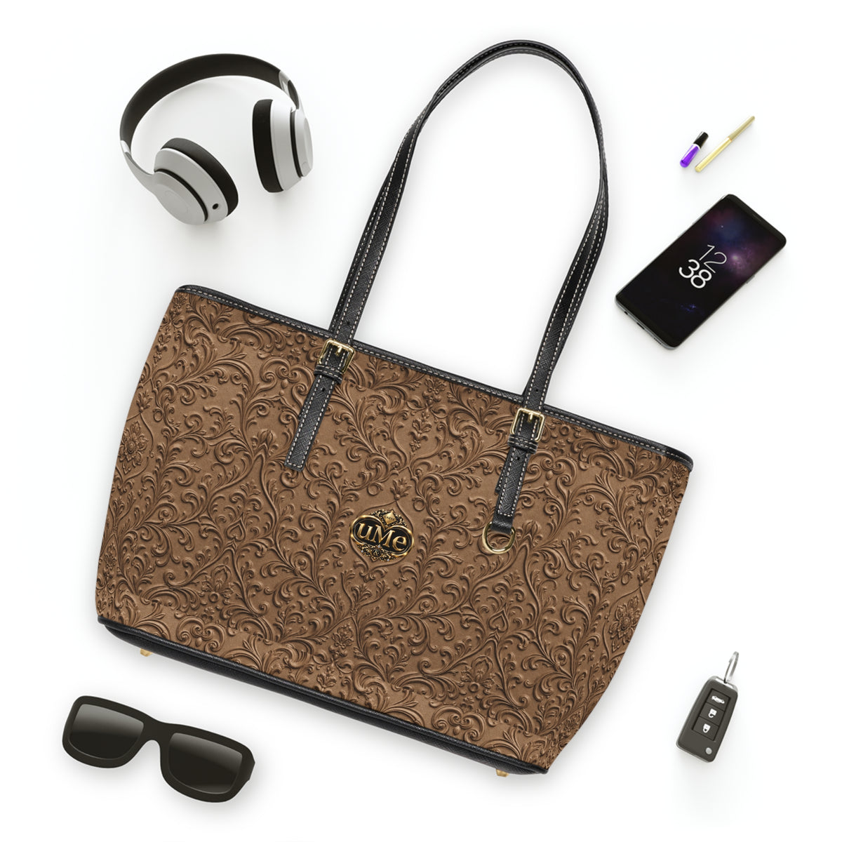 Brown UME Gold Crest Shoulder Tote — PU Faux Leather Scroll Print