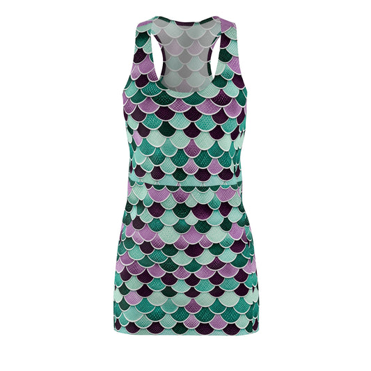 Mermaid Scale Racerback Dress – Teal & Purple All-Over Print