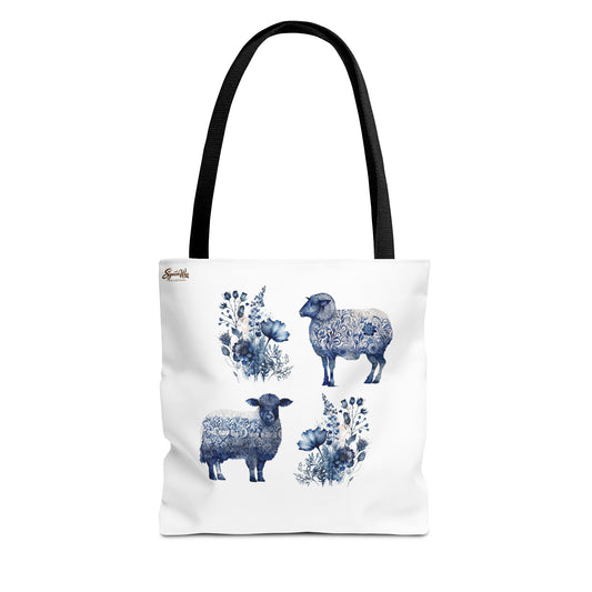 Blue Floral Sheep Tote Bag – Farmhouse Chic Printed Tote