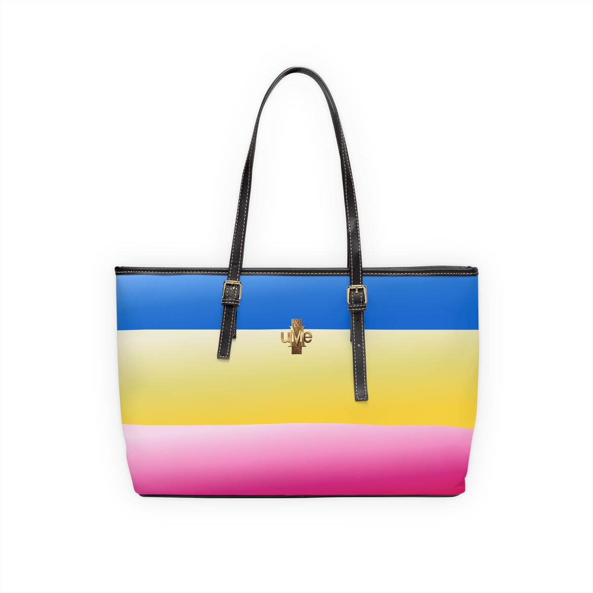 Colorblock Shoulder Bag — Black PU Leather Tote with Blue Yellow Pink Stripes
