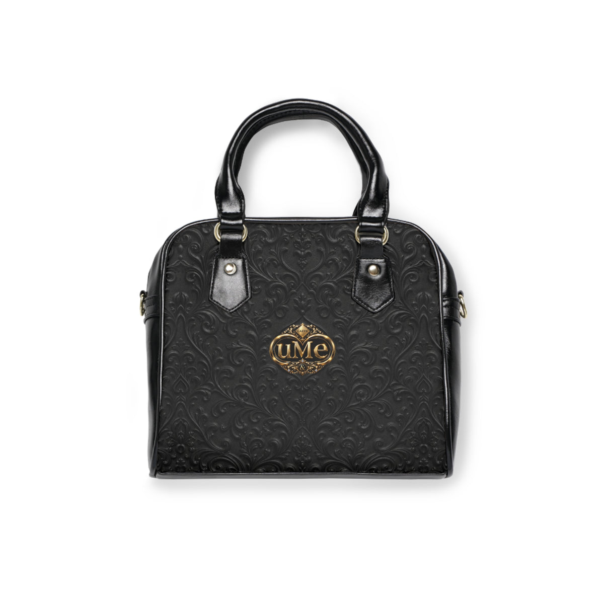 Black UME Gold Crest Shoulder Handbag — Faux Leather Scroll Print
