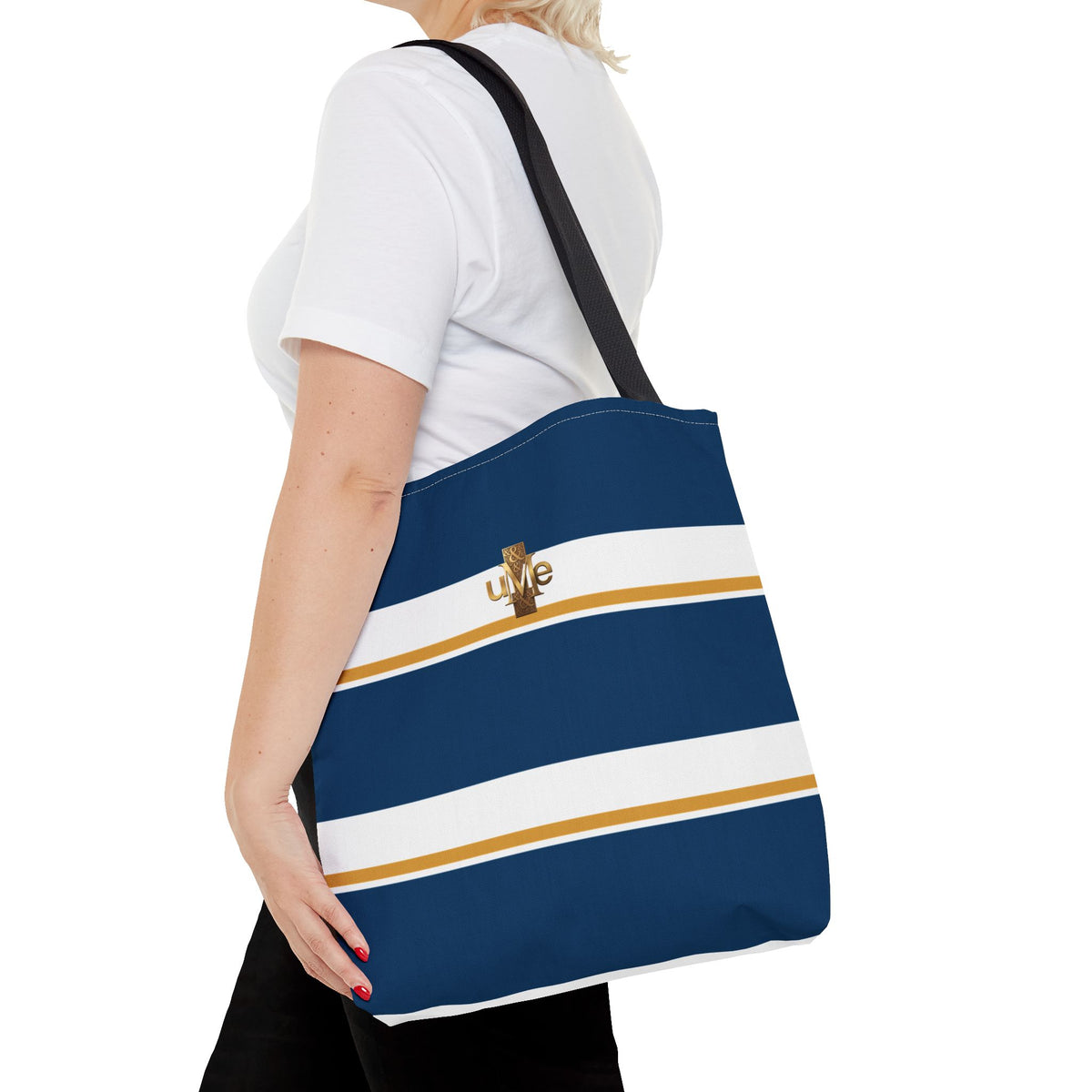 LIVE Cross Tote Bag — Navy & White Stripes with Gold Motif