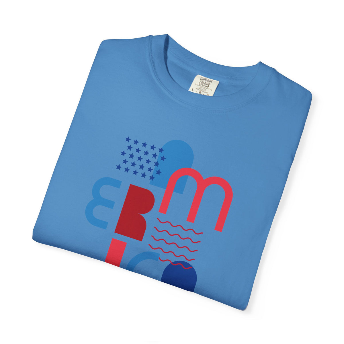 T-Shirt — Abstract 'America' Graphic Tee (Red & Blue Geometric Design)