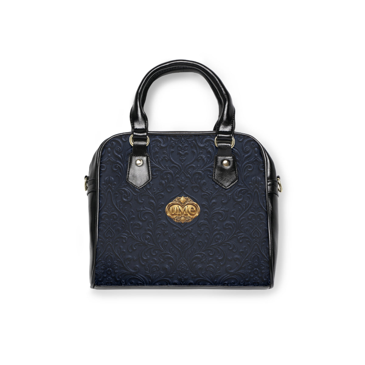 Navy UME Gold Crest Shoulder Handbag — Faux Leather Scroll Print