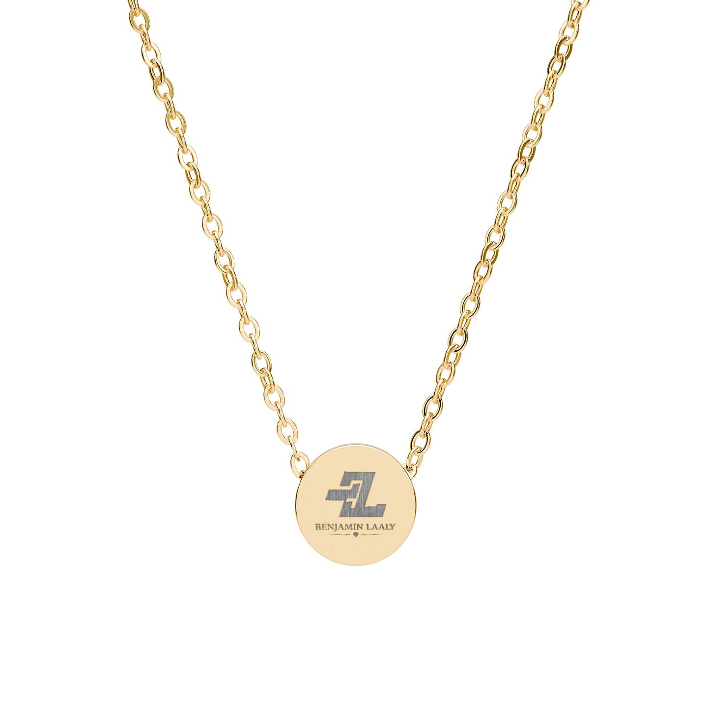 Signature Disc Necklace — Branded Logo Circle Pendant in Gold & Steel