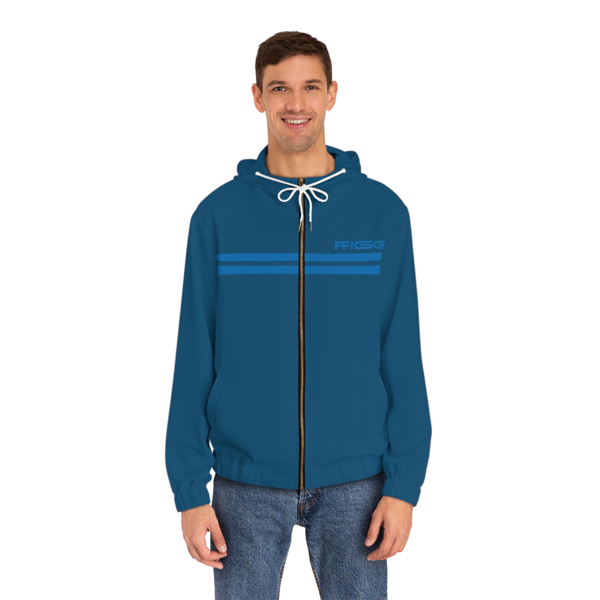 Men’s FFiGG Full-Zip Hoodie — Deep Blue Racing Stripe All-Over Print