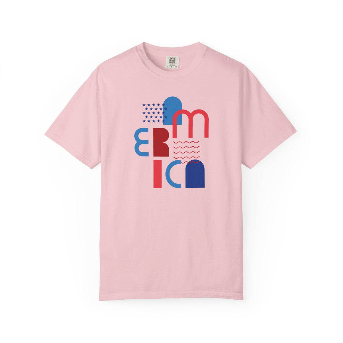 T-Shirt — Abstract 'America' Graphic Tee (Red & Blue Geometric Design)
