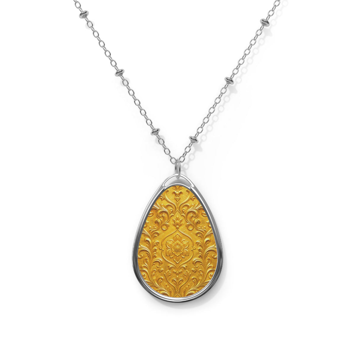 Golden Yellow Floral Teardrop Pendant Necklace — Silver-Colored Frame & Scroll Print