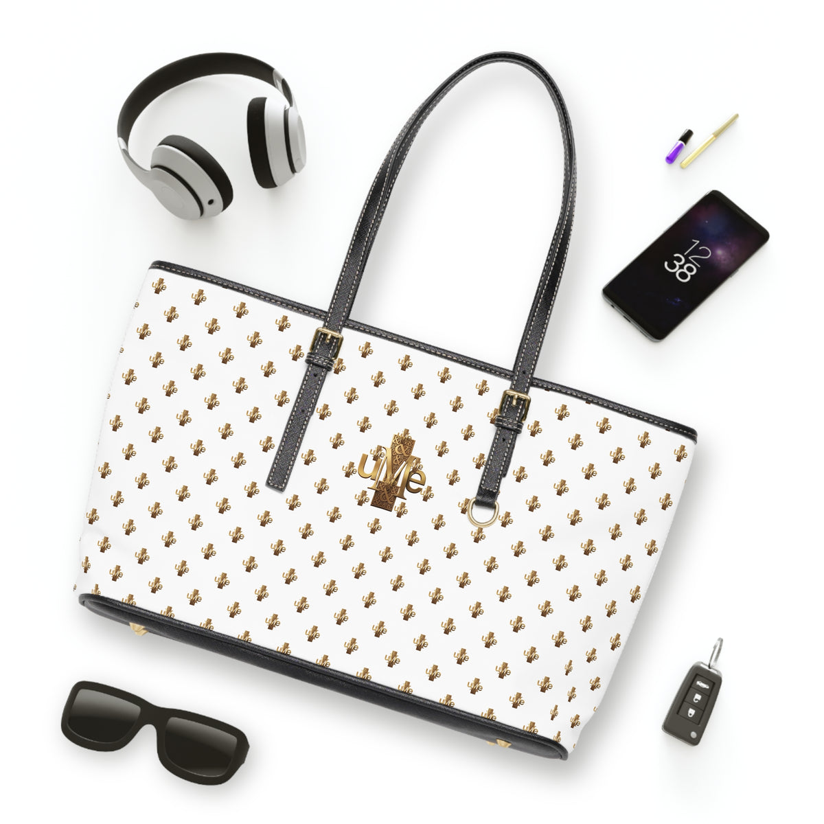 White PU Leather Shoulder Tote — Gold uMe Cross Logo Handbag