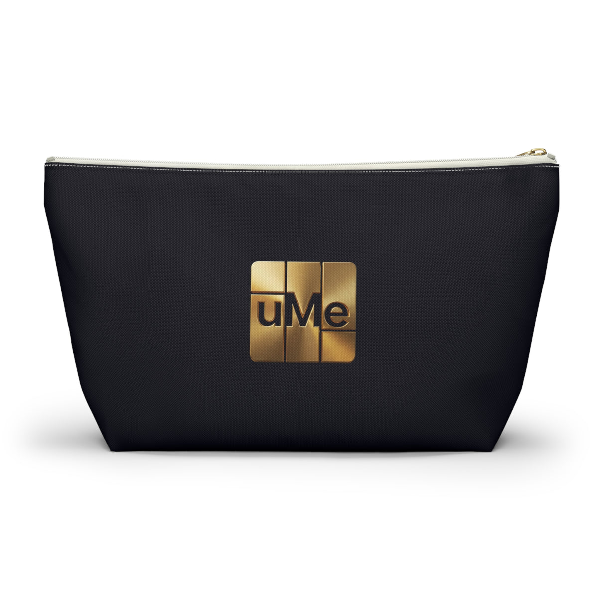 Gold uMe Logo Accessory Pouch — Black T‑Bottom Makeup & Travel Organizer