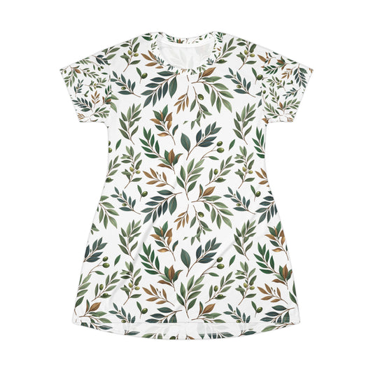 Botanical Leaf T-Shirt Dress — All-Over Print Floral Summer Dress