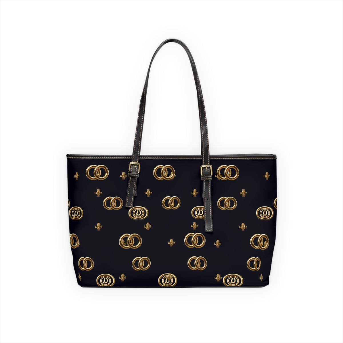 PU Leather Shoulder Bag — Black Gold Emblem Tote
