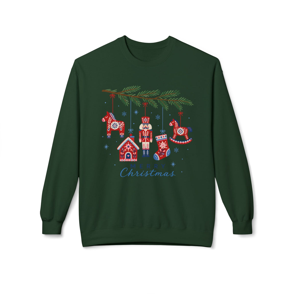 Merry Christmas Scandinavian Folk Art Crewneck Sweatshirt — White, Red & More