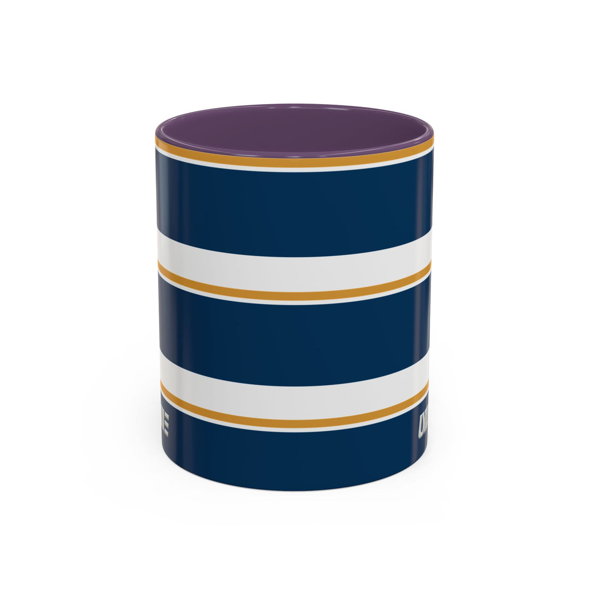 Navy and Gold Striped Accent Mug — White Ceramic