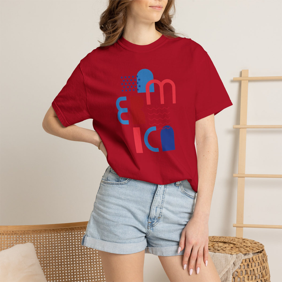 T-Shirt — Abstract 'America' Graphic Tee (Red & Blue Geometric Design)