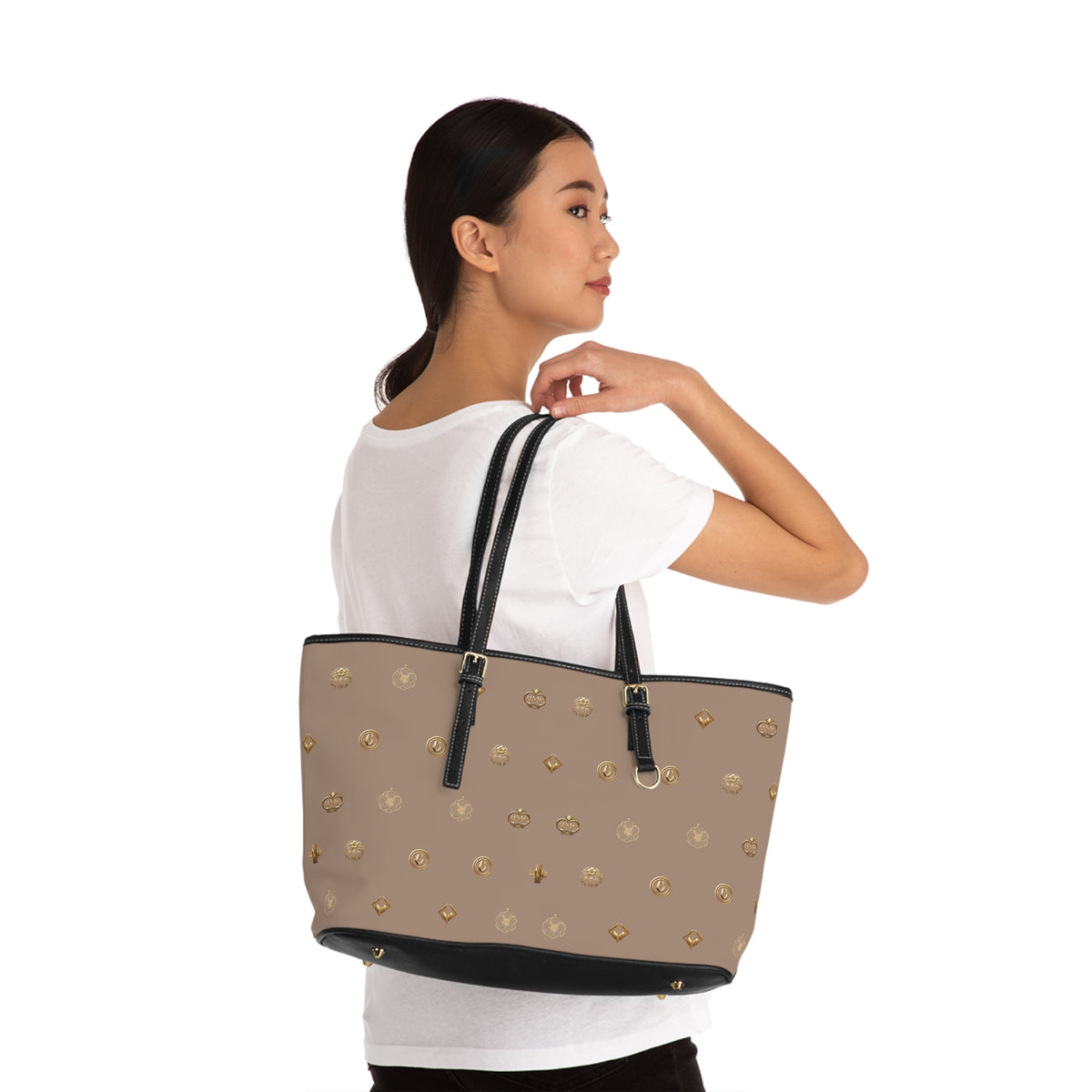 Taupe Monogram PU Leather Shoulder Bag — Gold Emblem Print Luxe Tote