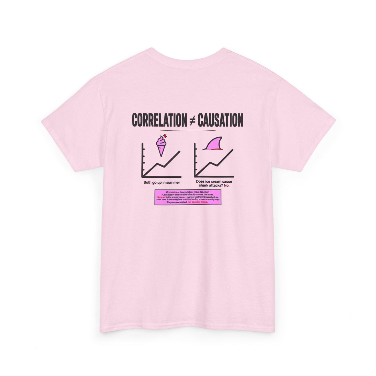 Correlation ≠ Causation Graphic Tee — White, Blue, Pink, Yellow & Neutral Bases