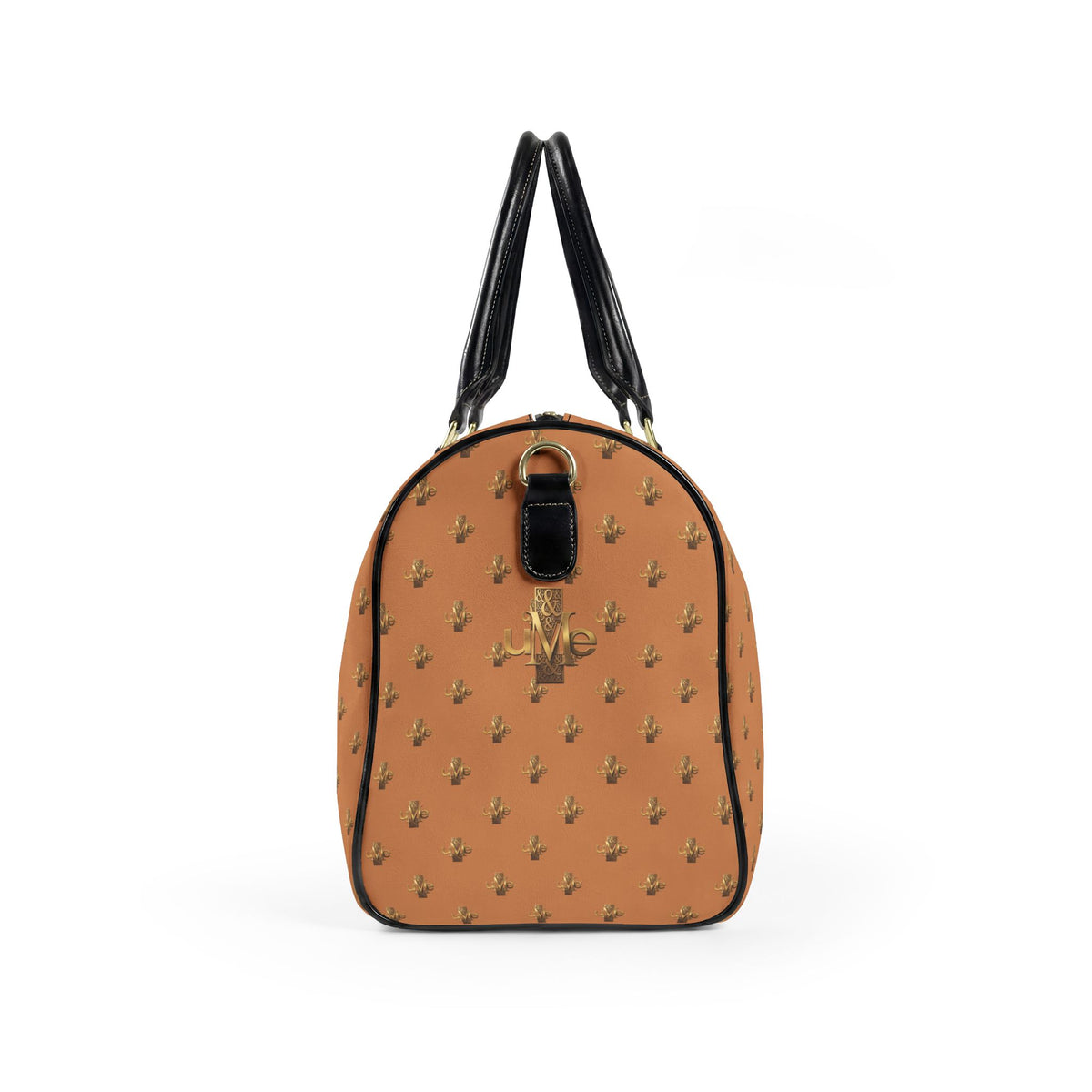 Monogram Faux Leather Travel Bag — Classic Camel & Gold Tiny Palm Print Weekender