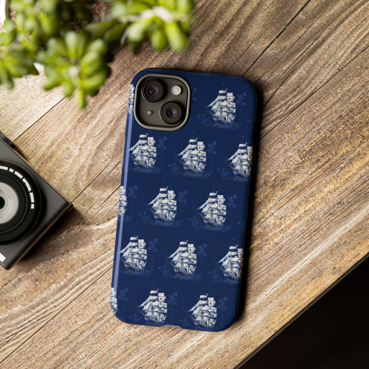 Navy Sailing Ship Phone Case — Navy Blue Vintage Nautical All-Over Print
