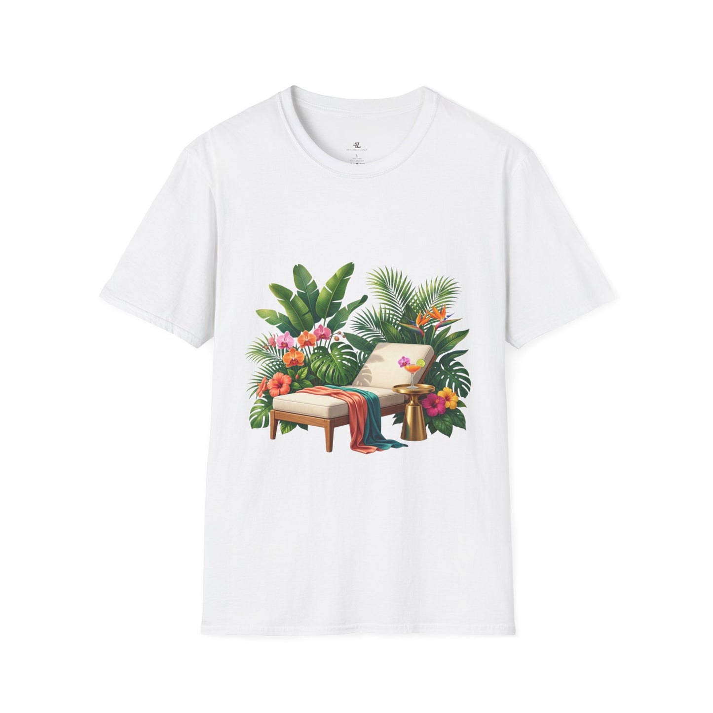 Tropical Lounge T-Shirt — Cozy Chair & Palm Floral Graphic Tee