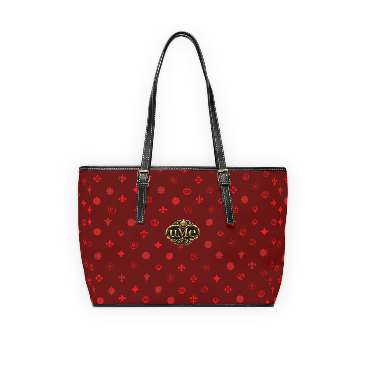 Red Monogram PU Leather Shoulder Bag — Luxe Crown Emblem Tote