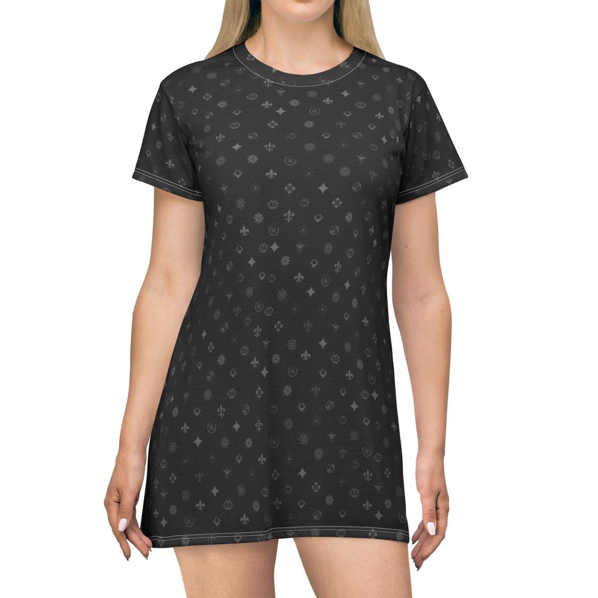 Black All-Over Print T-Shirt Dress — Subtle Monogram Pattern