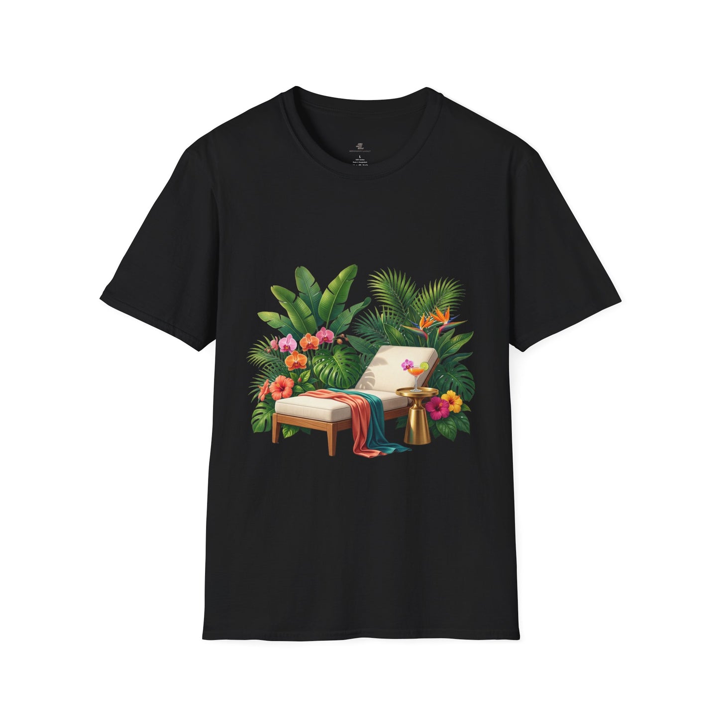 Tropical Lounge T-Shirt — Cozy Chair & Palm Floral Graphic Tee
