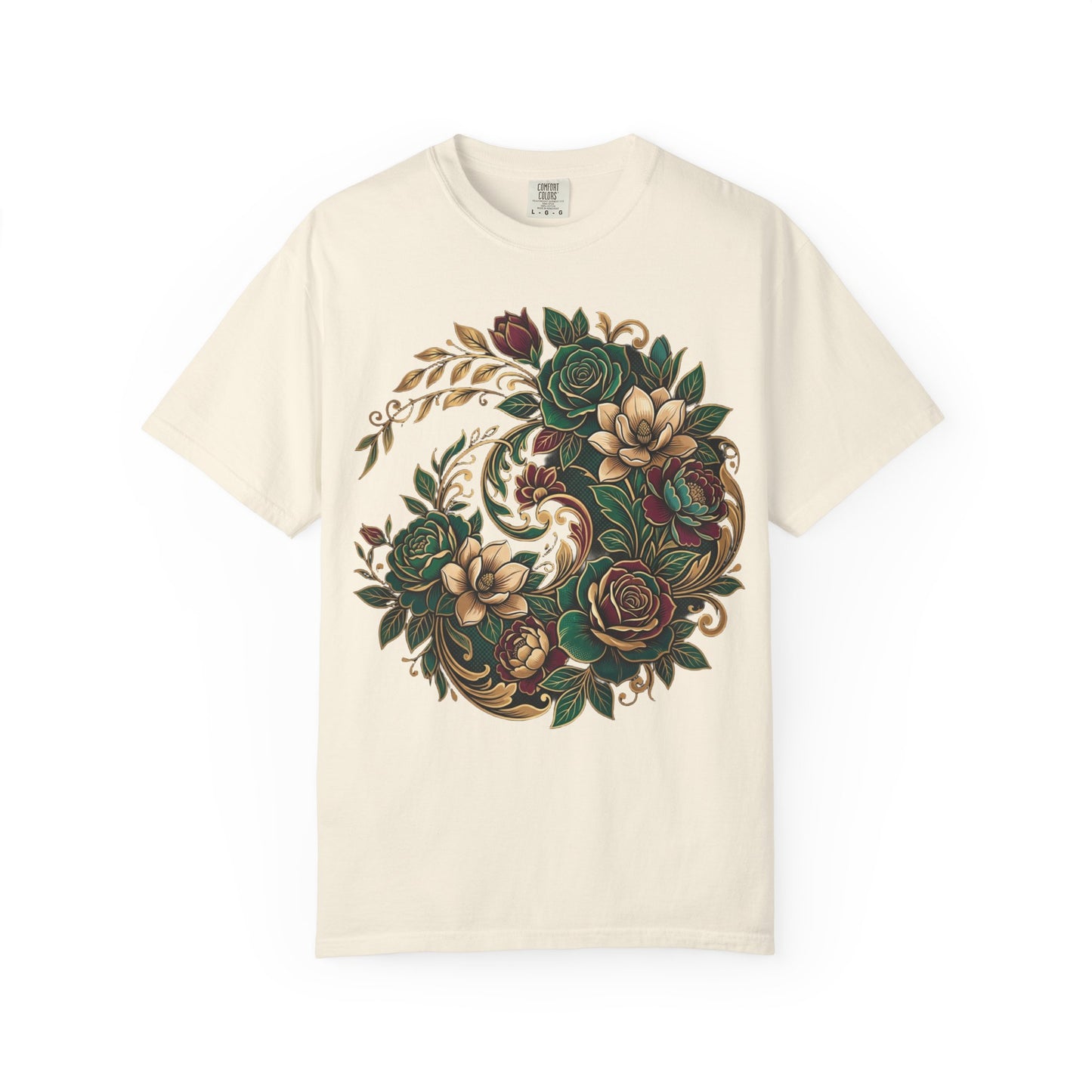 Floral Yin Yang T-Shirt — Vintage Green & Gold Rose Graphic Tee