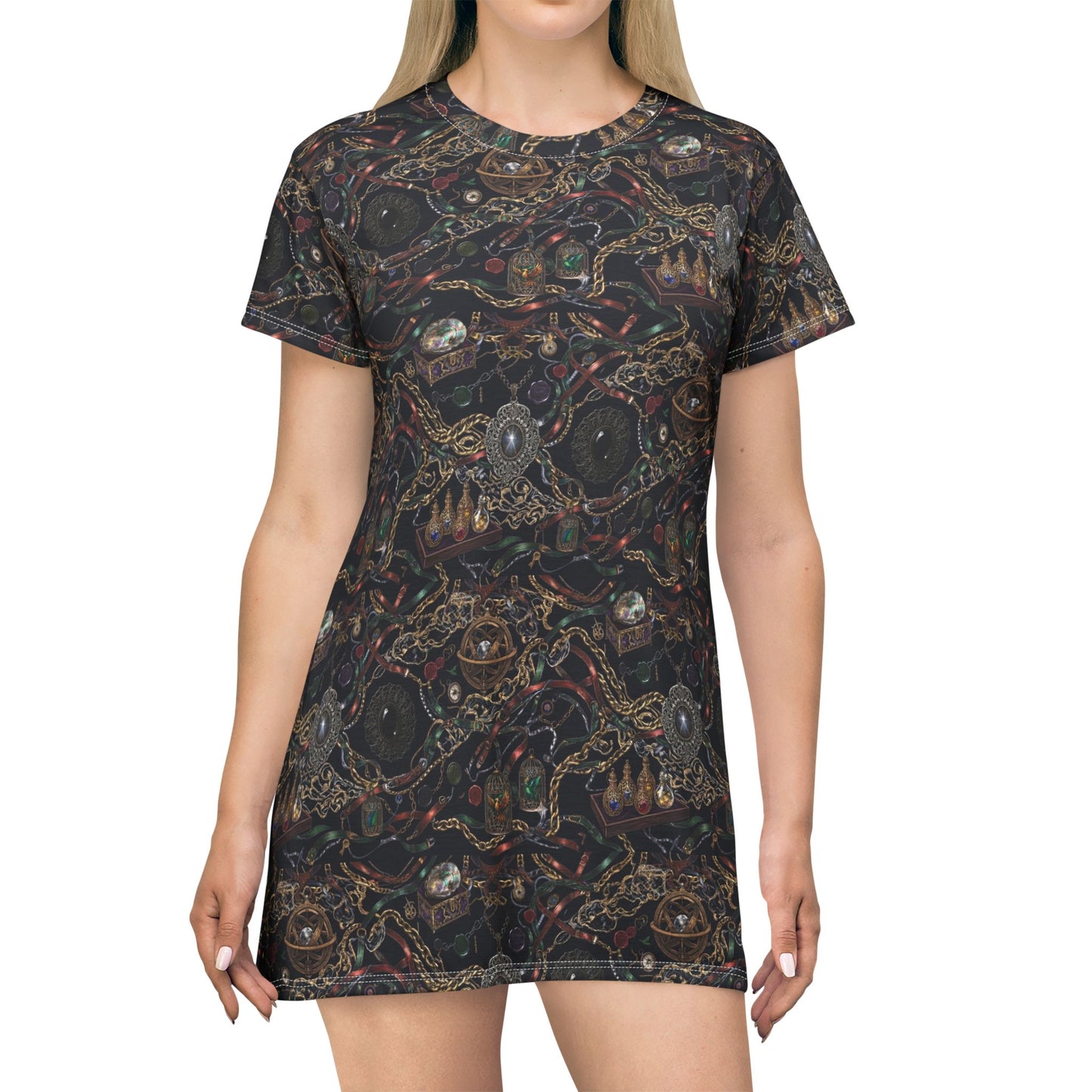 Steampunk Circuitry All-Over Print T-Shirt Dress — Vintage Tech Mechanical Pattern
