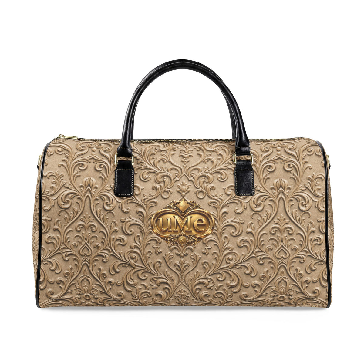 Beige Faux Leather Travel Bag — Ornate Scroll 'uMe' Weekender