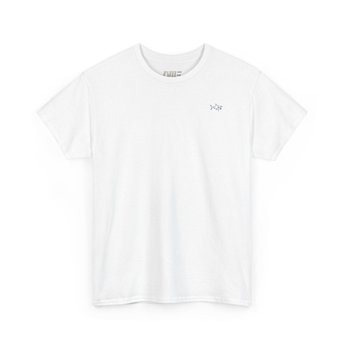 Minimalist string design Fish Tee — Small Chest Fish & Back 'OWE' Graphic