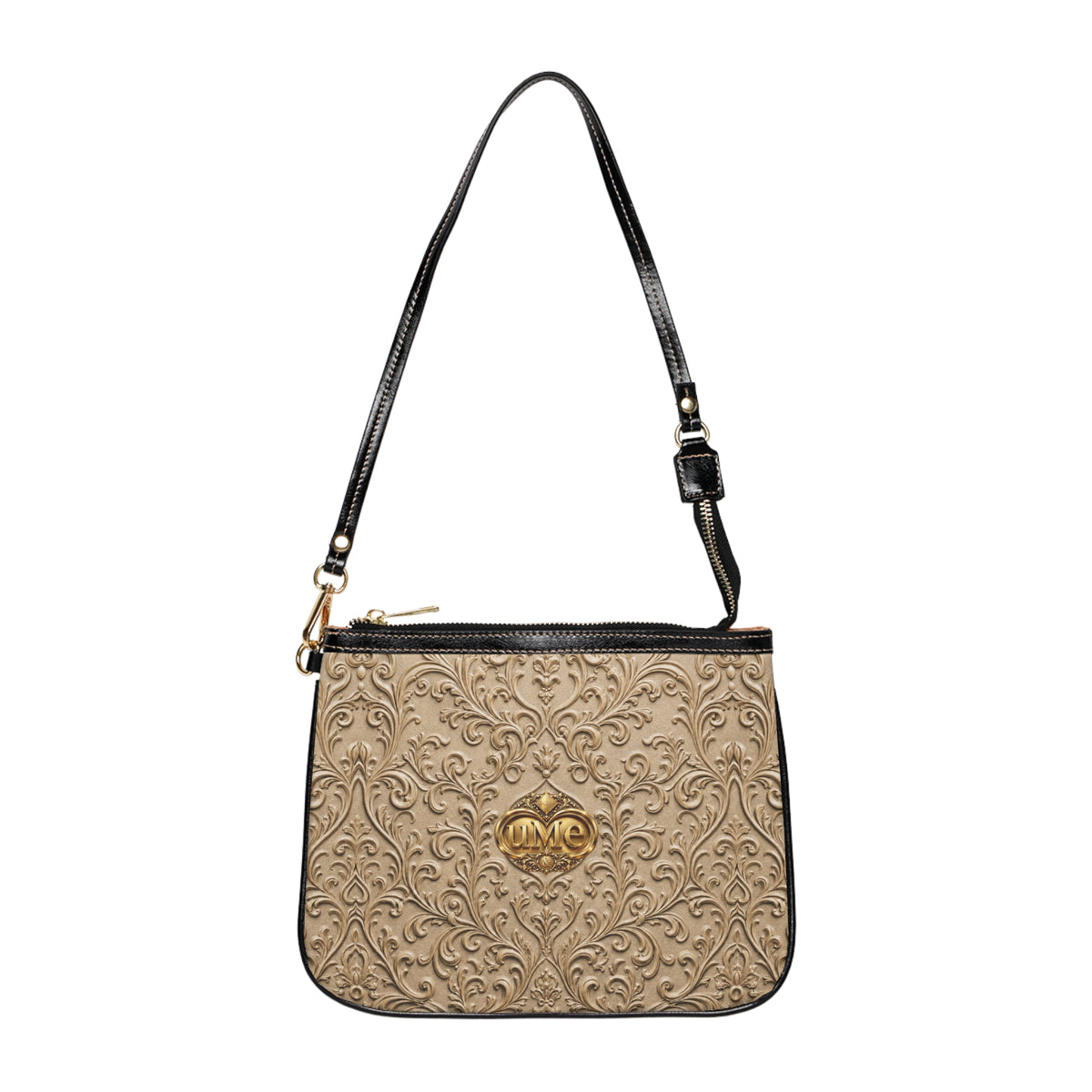 Beige UME Gold Scroll Small Shoulder Bag — Faux Leather