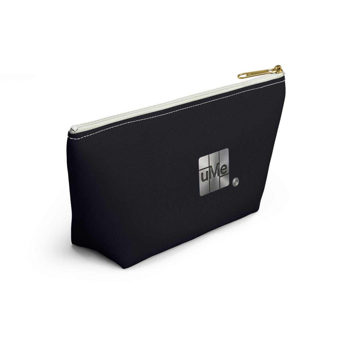 Accessory Pouch — Sleek Black T‑Bottom Cosmetic & Tech Organizer with Metallic 'uMe' Logo