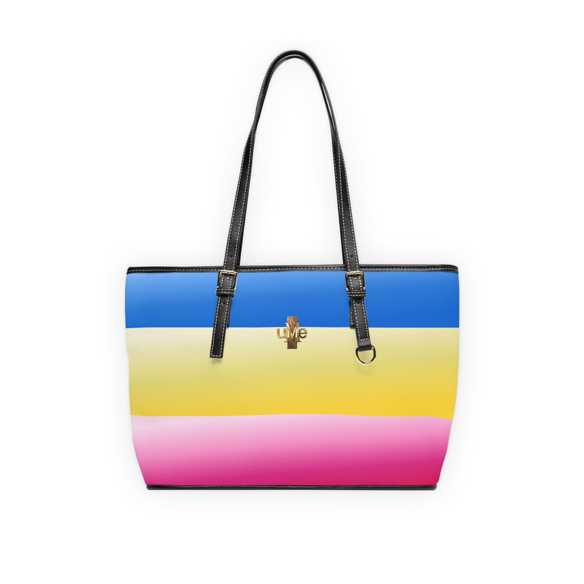 Colorblock Shoulder Bag — Black PU Leather Tote with Blue Yellow Pink Stripes