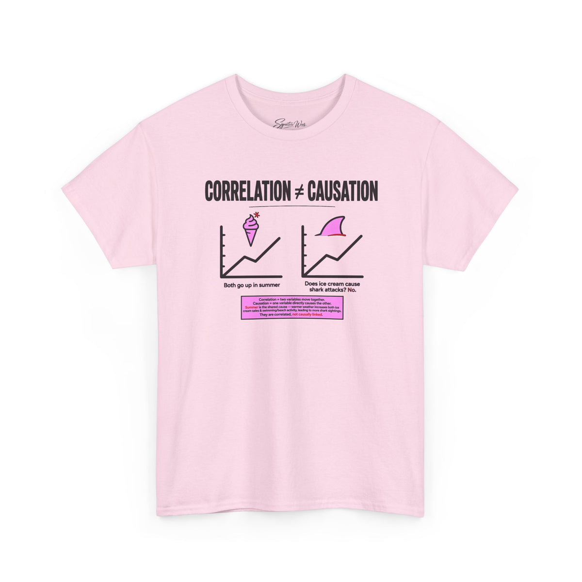 Correlation ≠ Causation Graphic Tee — White, Blue, Pink, Yellow & Neutral Bases
