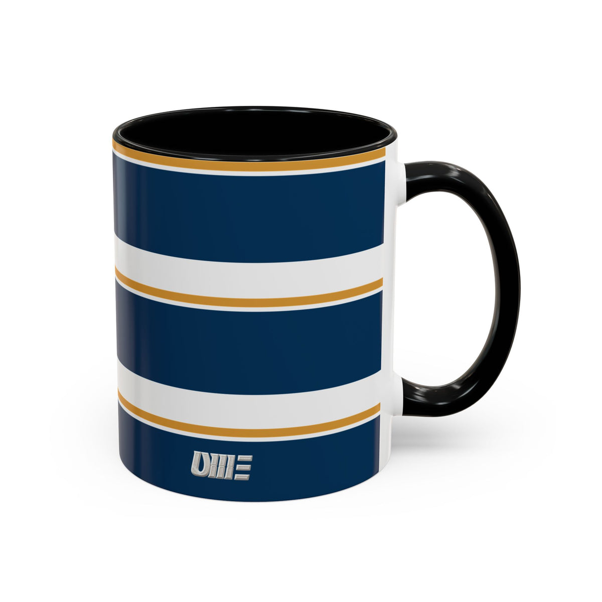 Navy and Gold Striped Accent Mug — White Ceramic