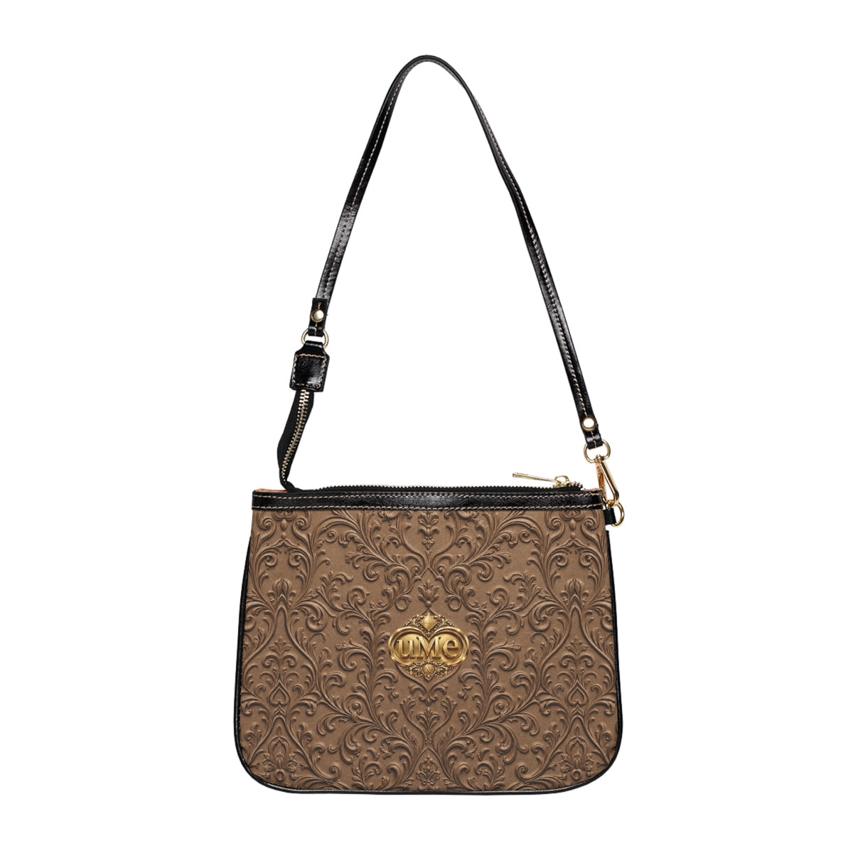 Brown UME Gold Crest Small Shoulder Bag — Faux Leather