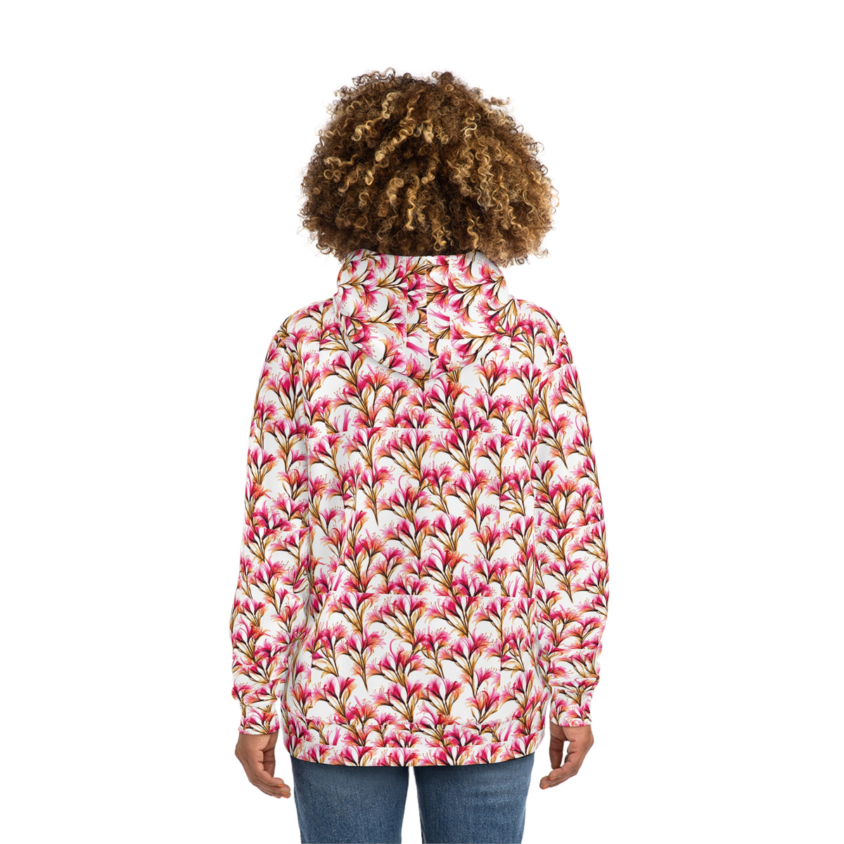 Floral All-Over Print Hoodie — White Base Pink Watercolor Lily Pattern