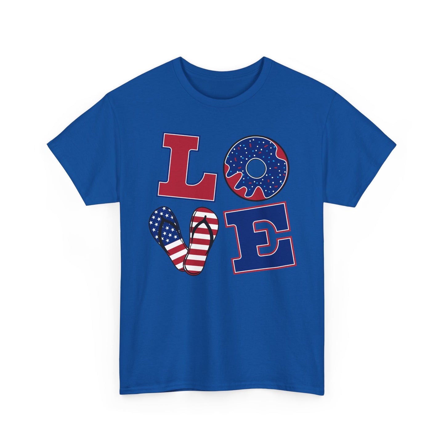 Patriotic "LOVE" Tee – American Flag Donut Heart 4th of July Shirt